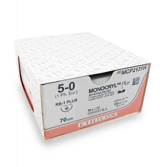 Hechtdraad Monocryl+ (MCP2131, 5-0, 70cm, RB1-Plus naald) 36 stuks | Ethicon
