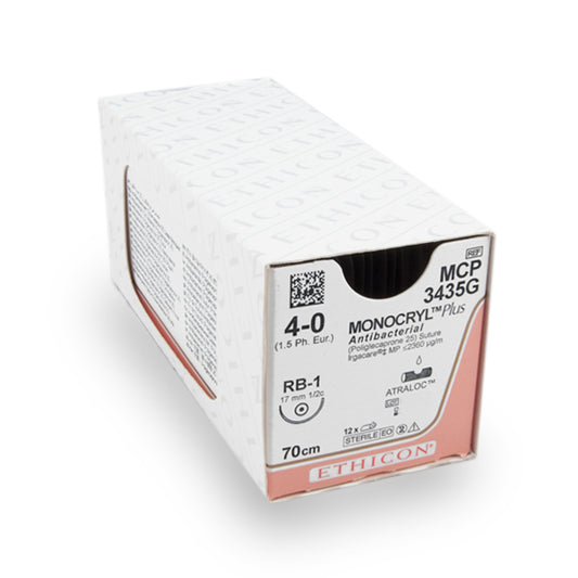 Hechtdraad Monocryl+ (MCP3435G, 4-0, 70cm, RB1-Plus) 12 stuks | Ethicon