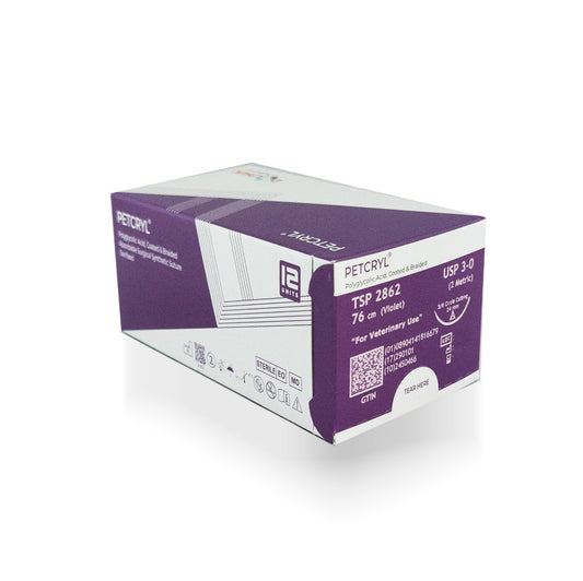 Hechtdraad Petcryl PGA (3/8 circle reversed cutting, 24mm, 76cm, 3-0) 12 stuks | Petcryl