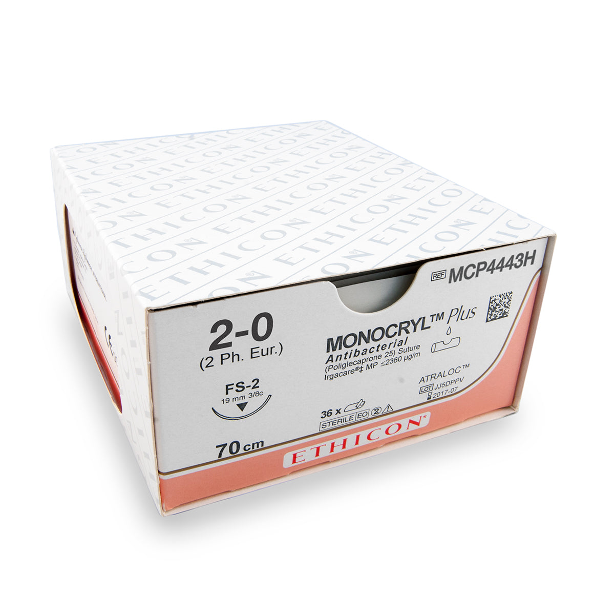 Hechtdraad Monocryl+ (MCP4443H, 2-0, 70cm, FS-2 naald) 36 stuks | Ethicon